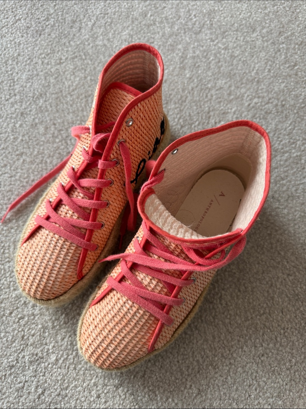 Anthropologie Peach Woven Lace-Up High-Top Boots with Coral Trim